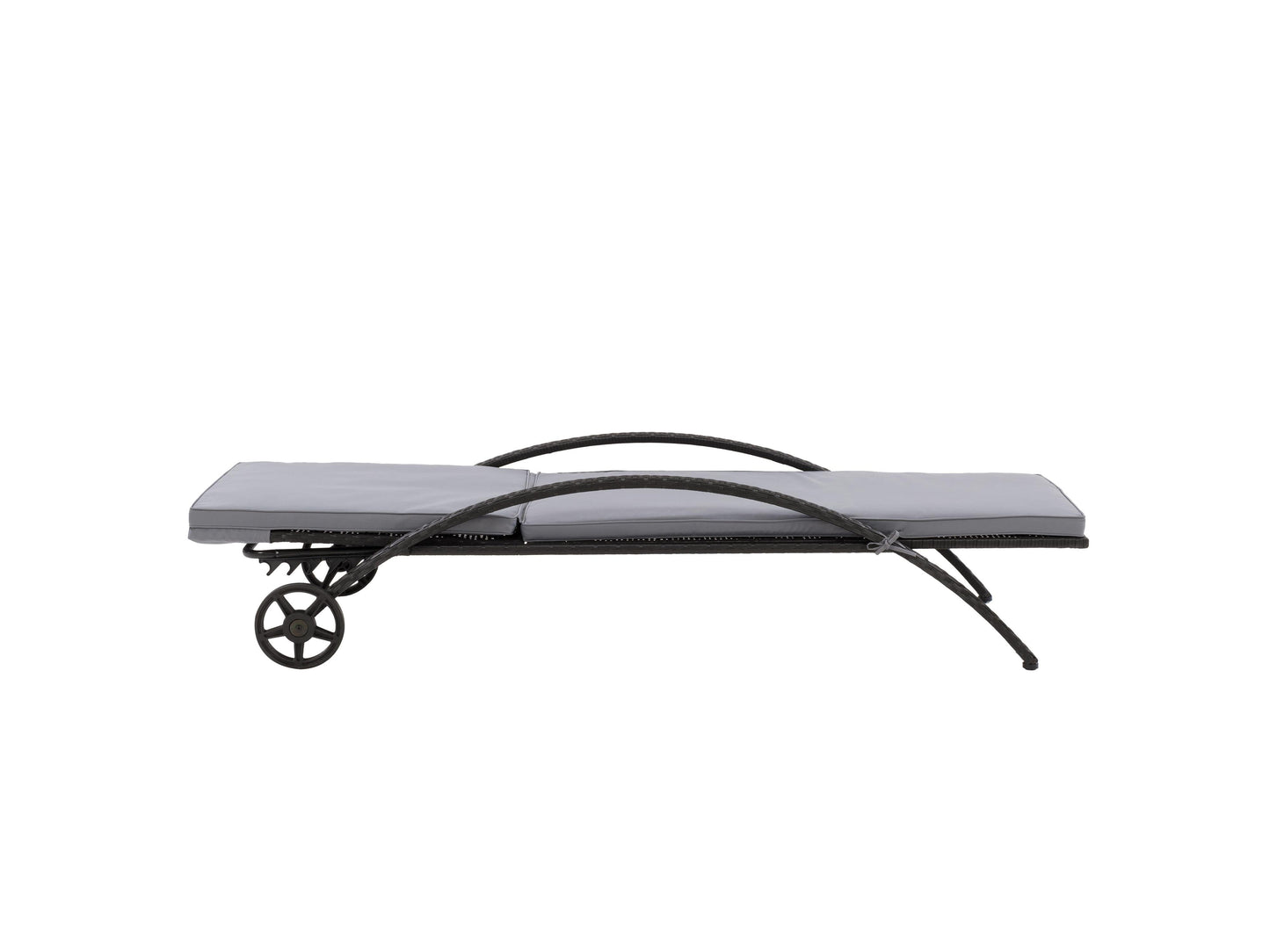 Black and grey outdoor wicker lounge chair with cushioned seat and backrest, featuring durable weather-resistant materials, sleek modern design, and ergonomic armrests for comfortable patio relaxation.
