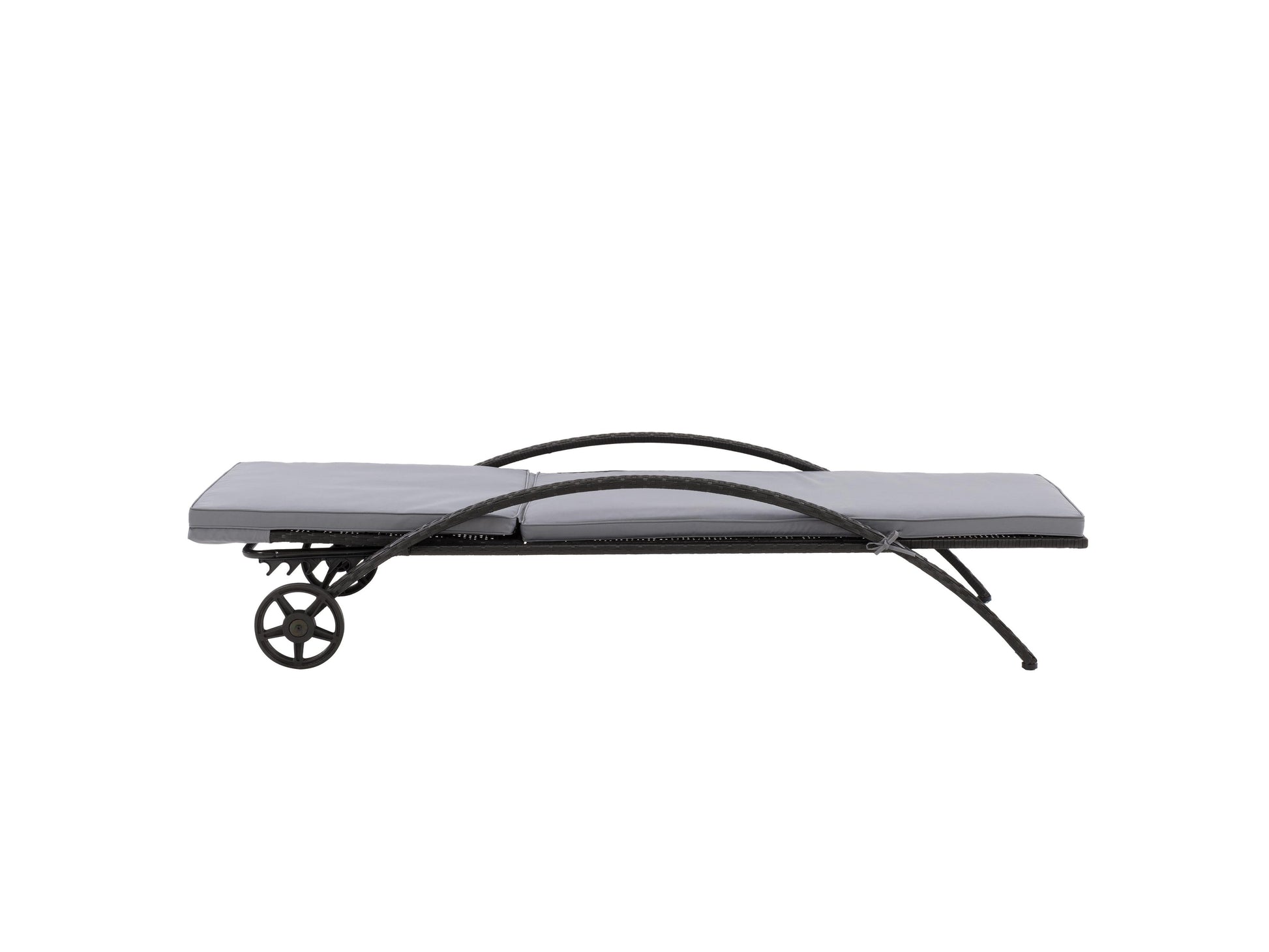 Black and grey outdoor wicker lounge chair with cushioned seat and backrest, featuring durable weather-resistant materials, sleek modern design, and ergonomic armrests for comfortable patio relaxation.