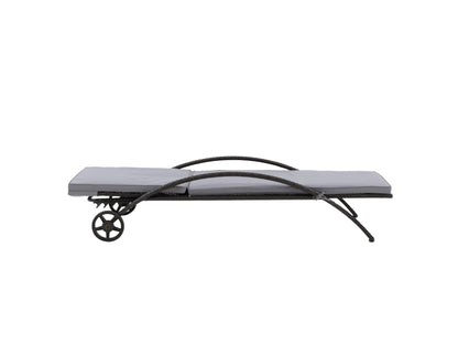 Black and grey outdoor wicker lounge chair with cushioned seat and backrest, featuring durable weather-resistant materials, sleek modern design, and ergonomic armrests for comfortable patio relaxation.