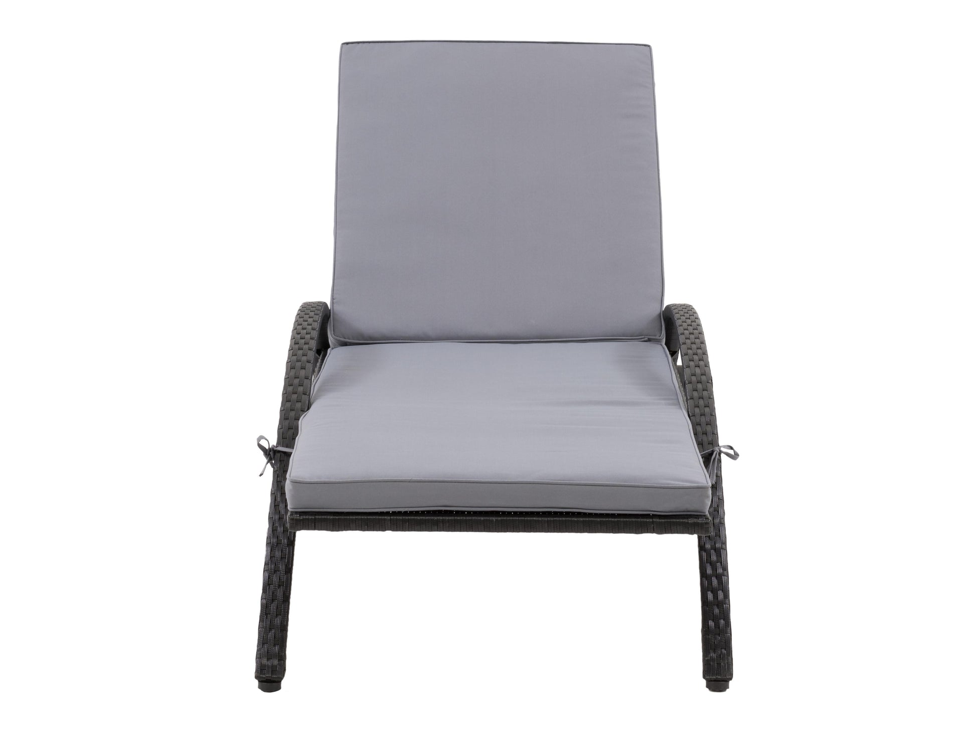 Black and grey outdoor wicker lounge chair with cushioned seat and backrest, featuring durable weather-resistant materials, sleek modern design, and ergonomic armrests for comfortable patio relaxation.