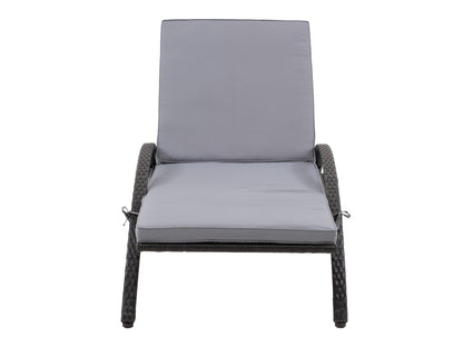 Black and grey outdoor wicker lounge chair with cushioned seat and backrest, featuring durable weather-resistant materials, sleek modern design, and ergonomic armrests for comfortable patio relaxation.