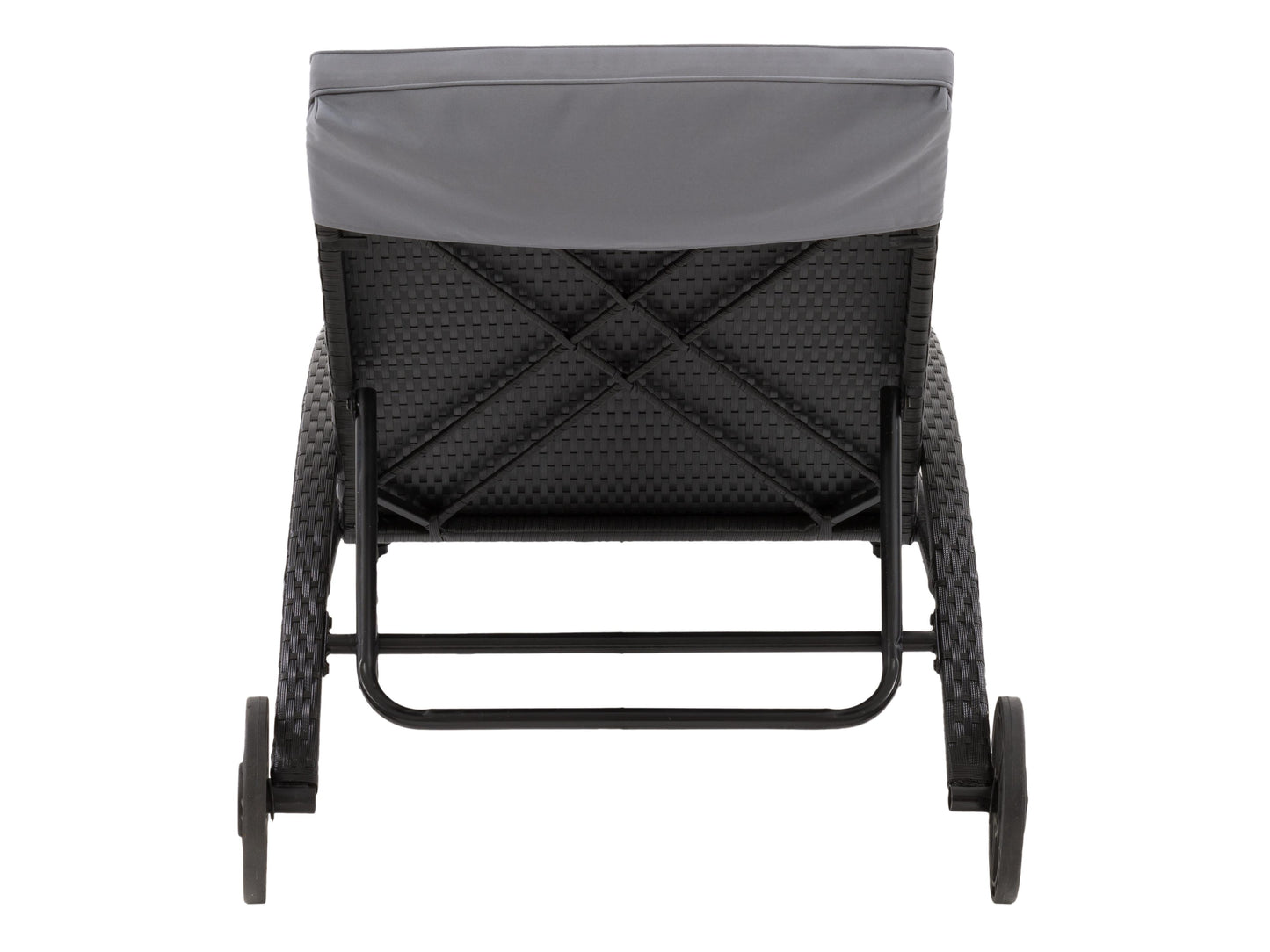 Black and grey outdoor wicker lounge chair with cushioned seat and backrest, featuring durable weather-resistant materials, sleek modern design, and ergonomic armrests for comfortable patio relaxation.