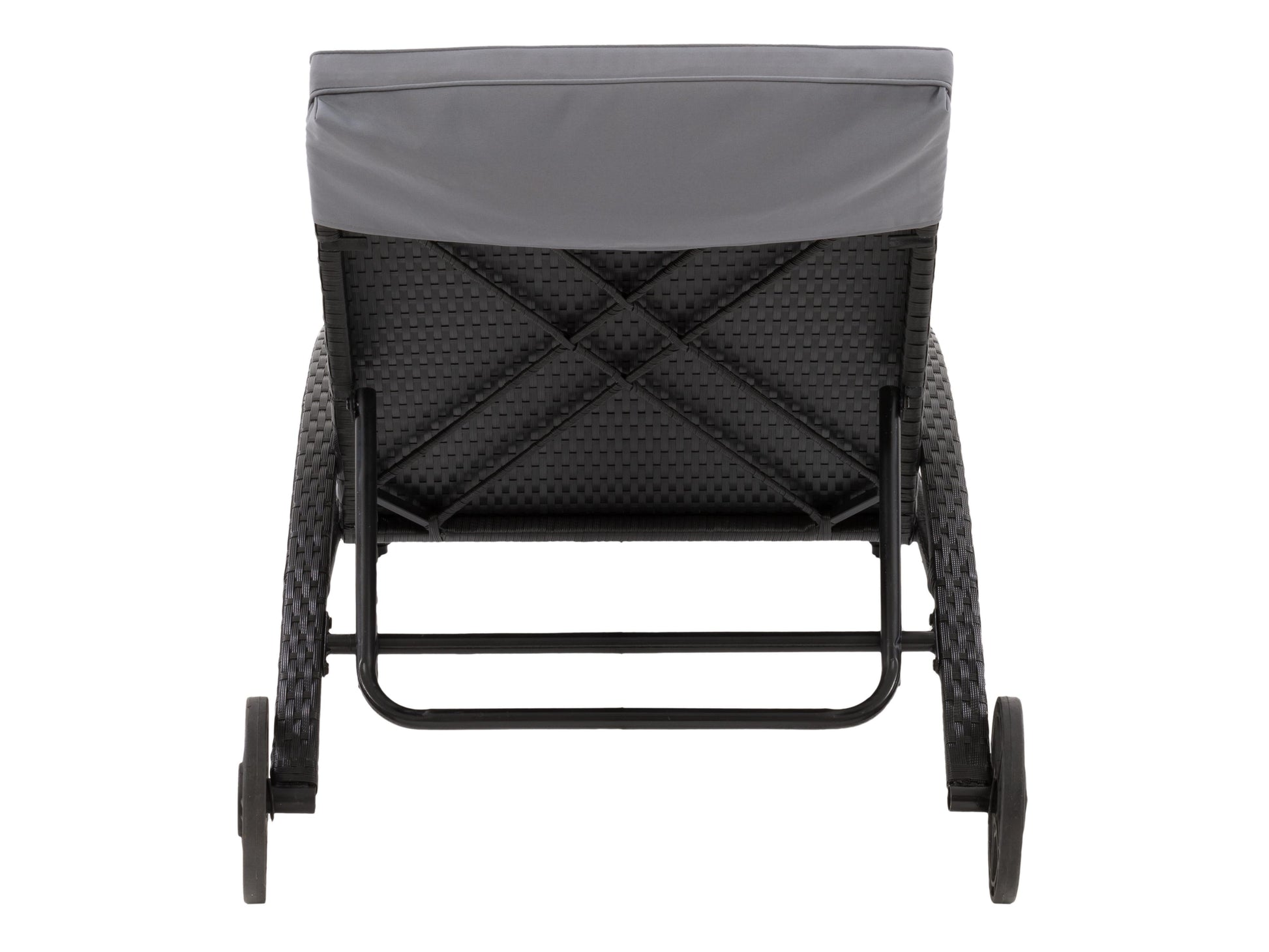 Black and grey outdoor wicker lounge chair with cushioned seat and backrest, featuring durable weather-resistant materials, sleek modern design, and ergonomic armrests for comfortable patio relaxation.