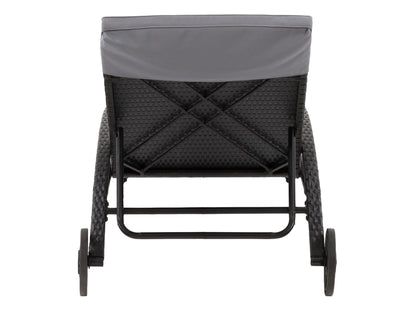 Black and grey outdoor wicker lounge chair with cushioned seat and backrest, featuring durable weather-resistant materials, sleek modern design, and ergonomic armrests for comfortable patio relaxation.