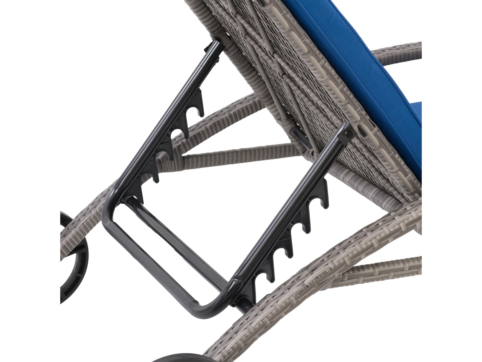 Grey wicker patio lounge chair with blue cushions, featuring a durable woven frame, weather-resistant fabric, and ergonomic design for outdoor relaxation. Ideal for garden, deck, or poolside seating.