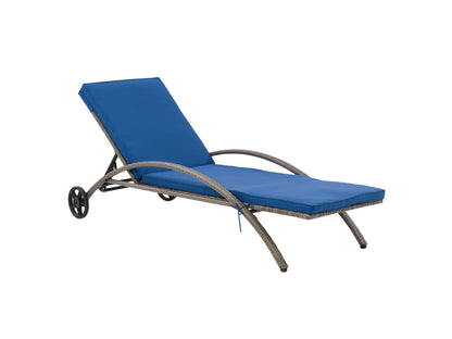 Grey wicker patio lounge chair with blue cushions, featuring a durable woven frame, weather-resistant fabric, and ergonomic design for outdoor relaxation. Ideal for garden, deck, or poolside seating.