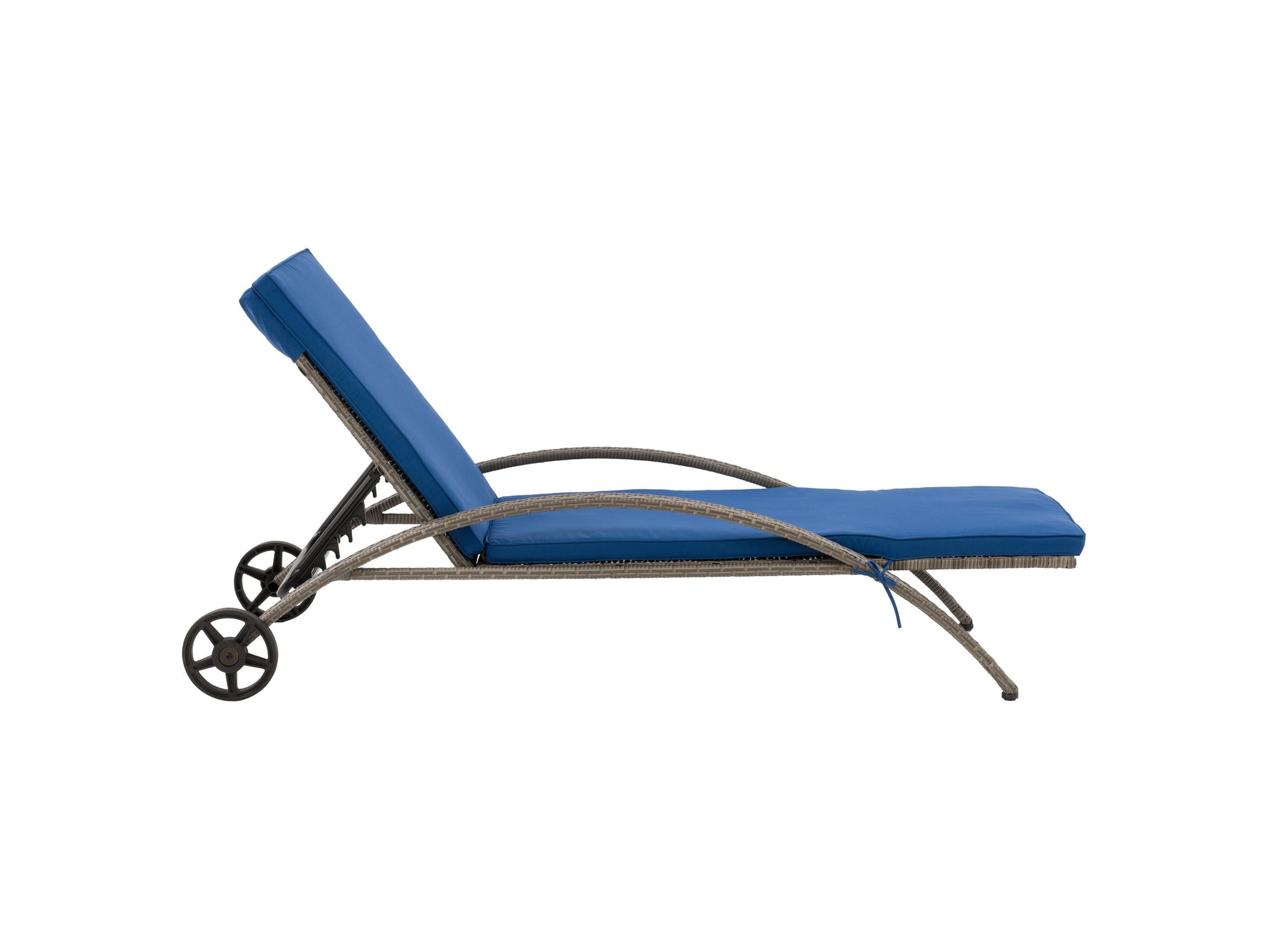 Grey wicker patio lounge chair with blue cushions, featuring a durable woven frame, weather-resistant fabric, and ergonomic design for outdoor relaxation. Ideal for garden, deck, or poolside seating.