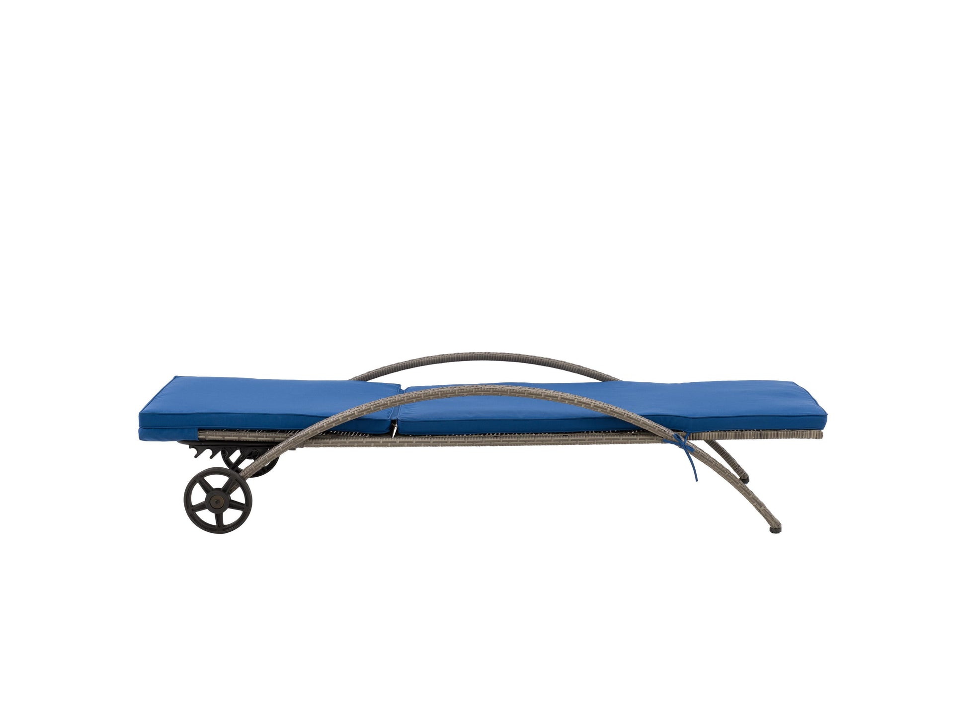 Grey wicker patio lounge chair with blue cushions, featuring a durable woven frame, weather-resistant fabric, and ergonomic design for outdoor relaxation. Ideal for garden, deck, or poolside seating.