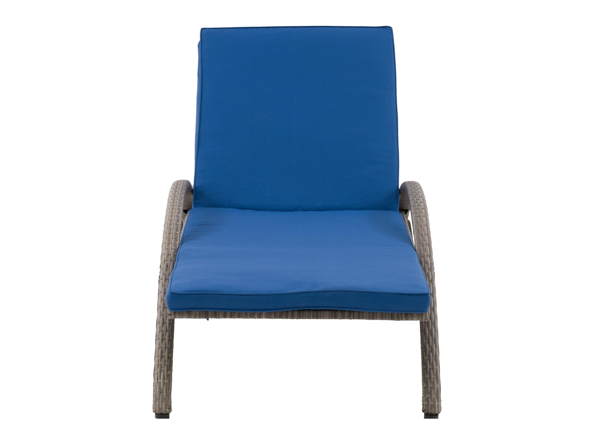 Grey wicker patio lounge chair with blue cushions, featuring a durable woven frame, weather-resistant fabric, and ergonomic design for outdoor relaxation. Ideal for garden, deck, or poolside seating.
