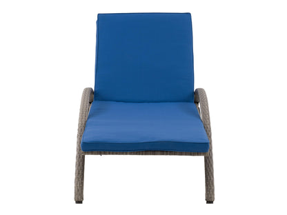 Grey wicker patio lounge chair with blue cushions, featuring a durable woven frame, weather-resistant fabric, and ergonomic design for outdoor relaxation. Ideal for garden, deck, or poolside seating.