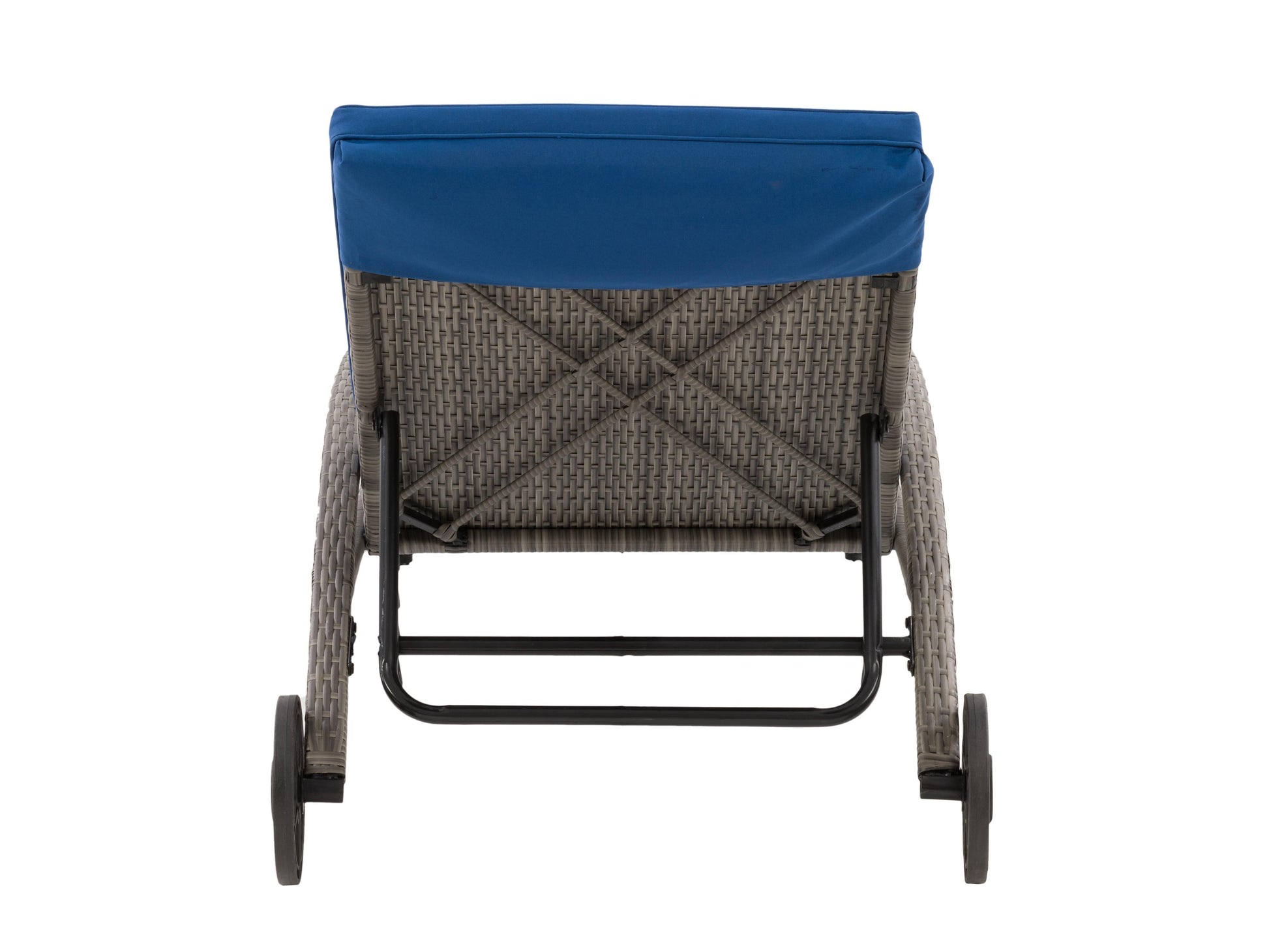 Grey wicker patio lounge chair with blue cushions, featuring a durable woven frame, weather-resistant fabric, and ergonomic design for outdoor relaxation. Ideal for garden, deck, or poolside seating.
