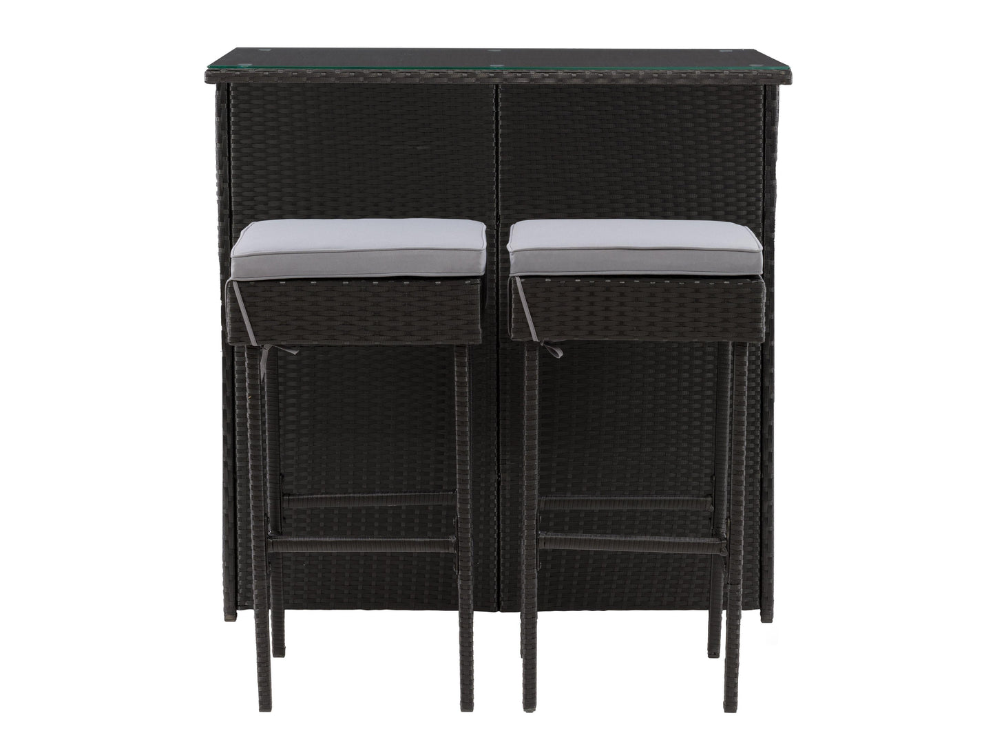 Three-piece patio bar set featuring a high table and two bar stools with beige cushions, crafted from durable, weather-resistant dark brown wicker, perfect for outdoor entertaining and relaxation.