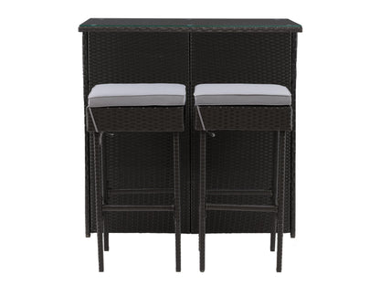 Three-piece patio bar set featuring a high table and two bar stools with beige cushions, crafted from durable, weather-resistant dark brown wicker, perfect for outdoor entertaining and relaxation.