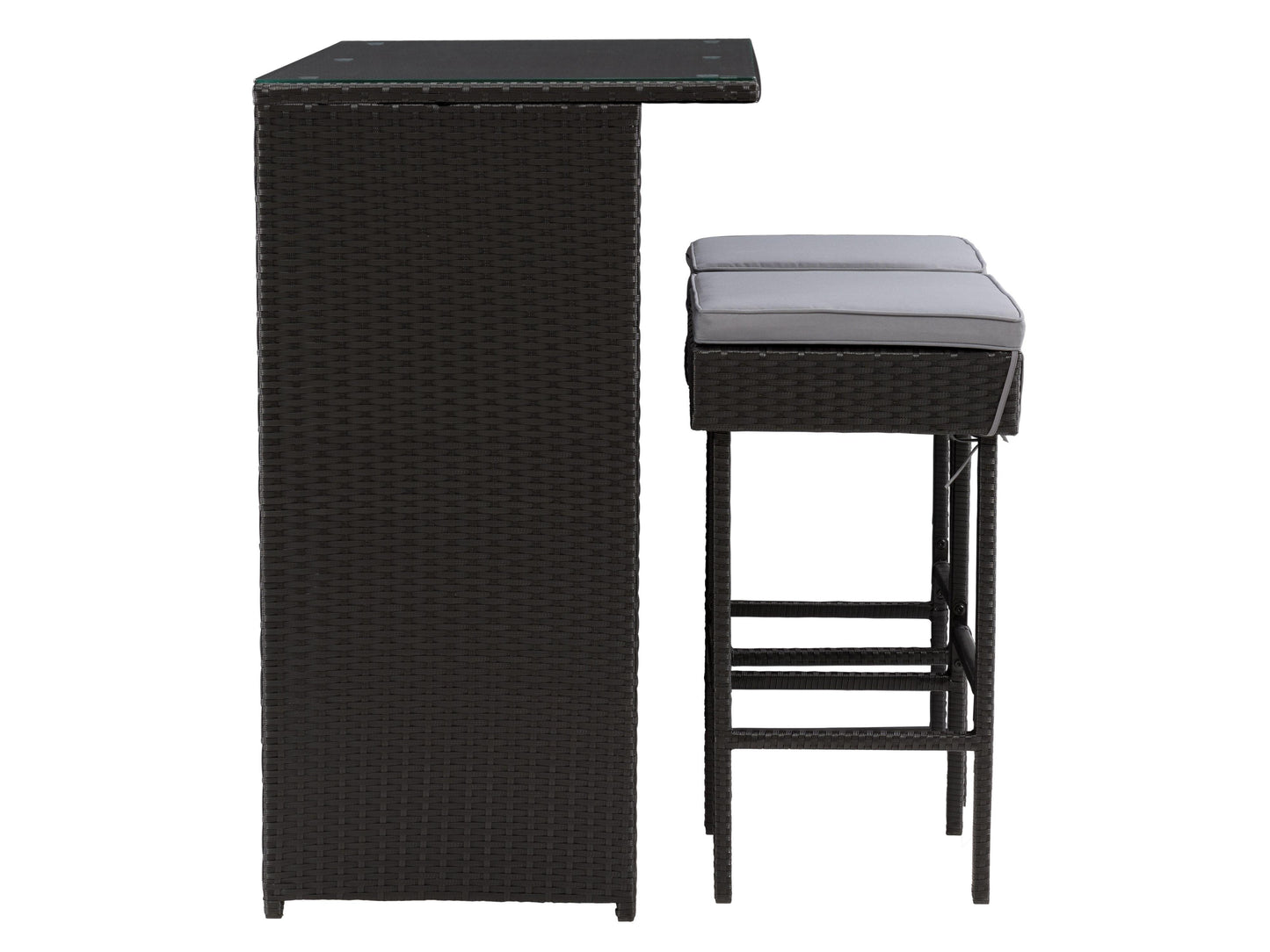 Three-piece patio bar set featuring a high table and two bar stools with beige cushions, crafted from durable, weather-resistant dark brown wicker, perfect for outdoor entertaining and relaxation.