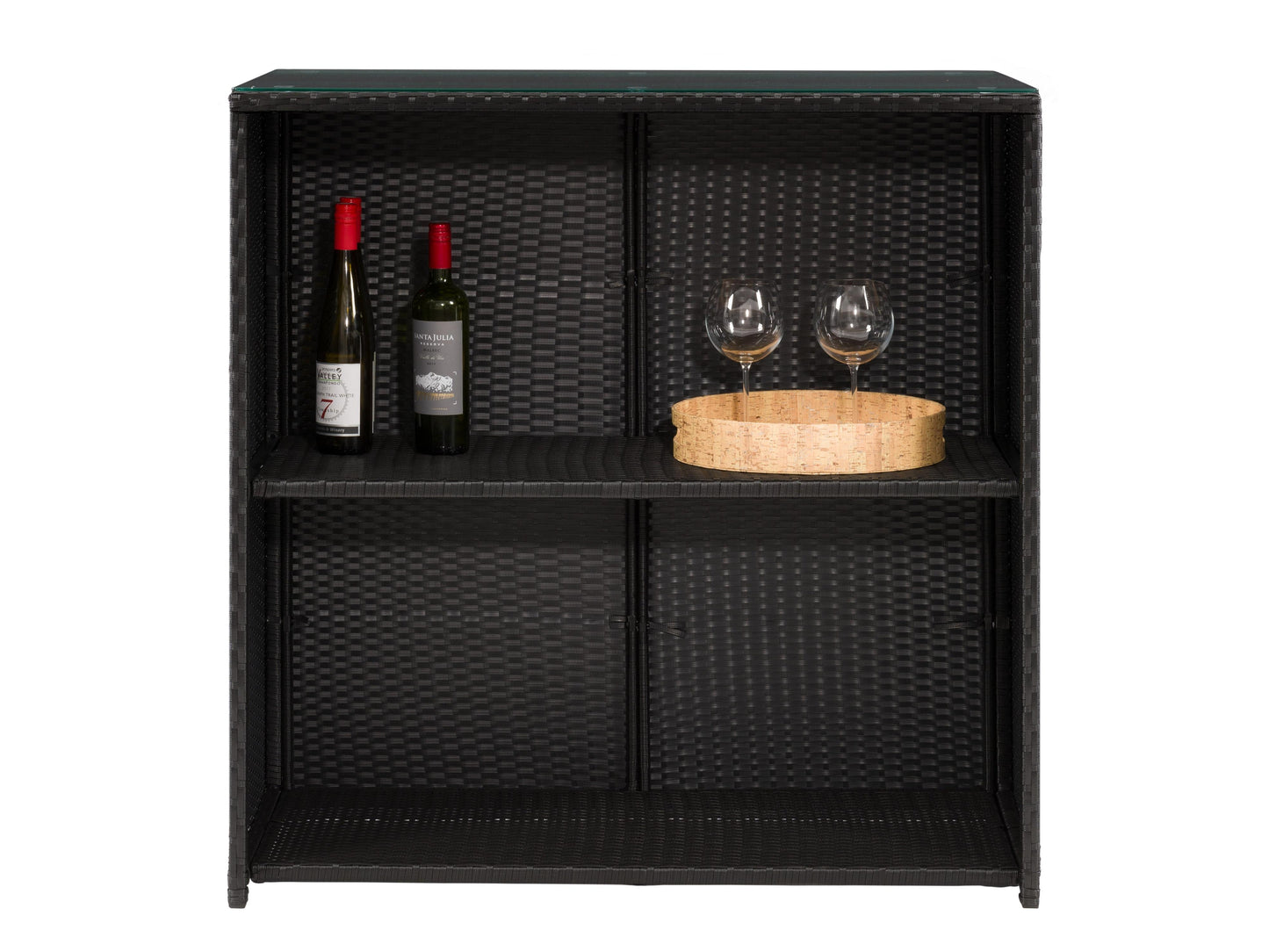 Three-piece patio bar set featuring a high table and two bar stools with beige cushions, crafted from durable, weather-resistant dark brown wicker, perfect for outdoor entertaining and relaxation.