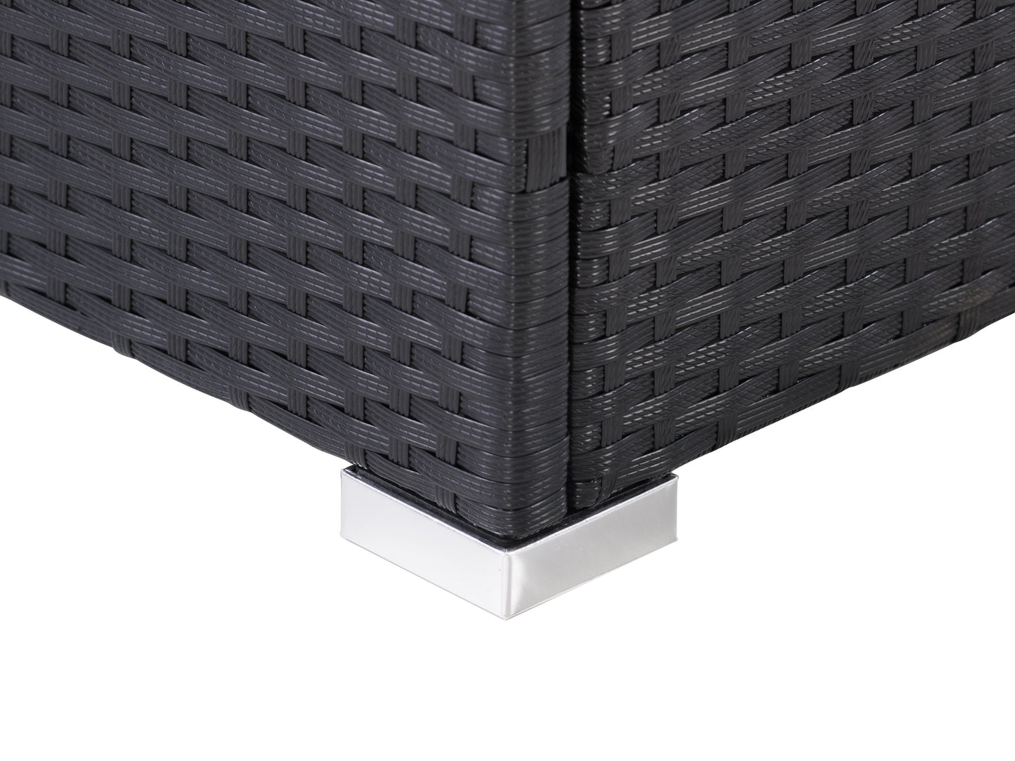 Black square outdoor coffee table with sleek metal frame, slatted top, and weather-resistant finish, ideal for patios and garden spaces.