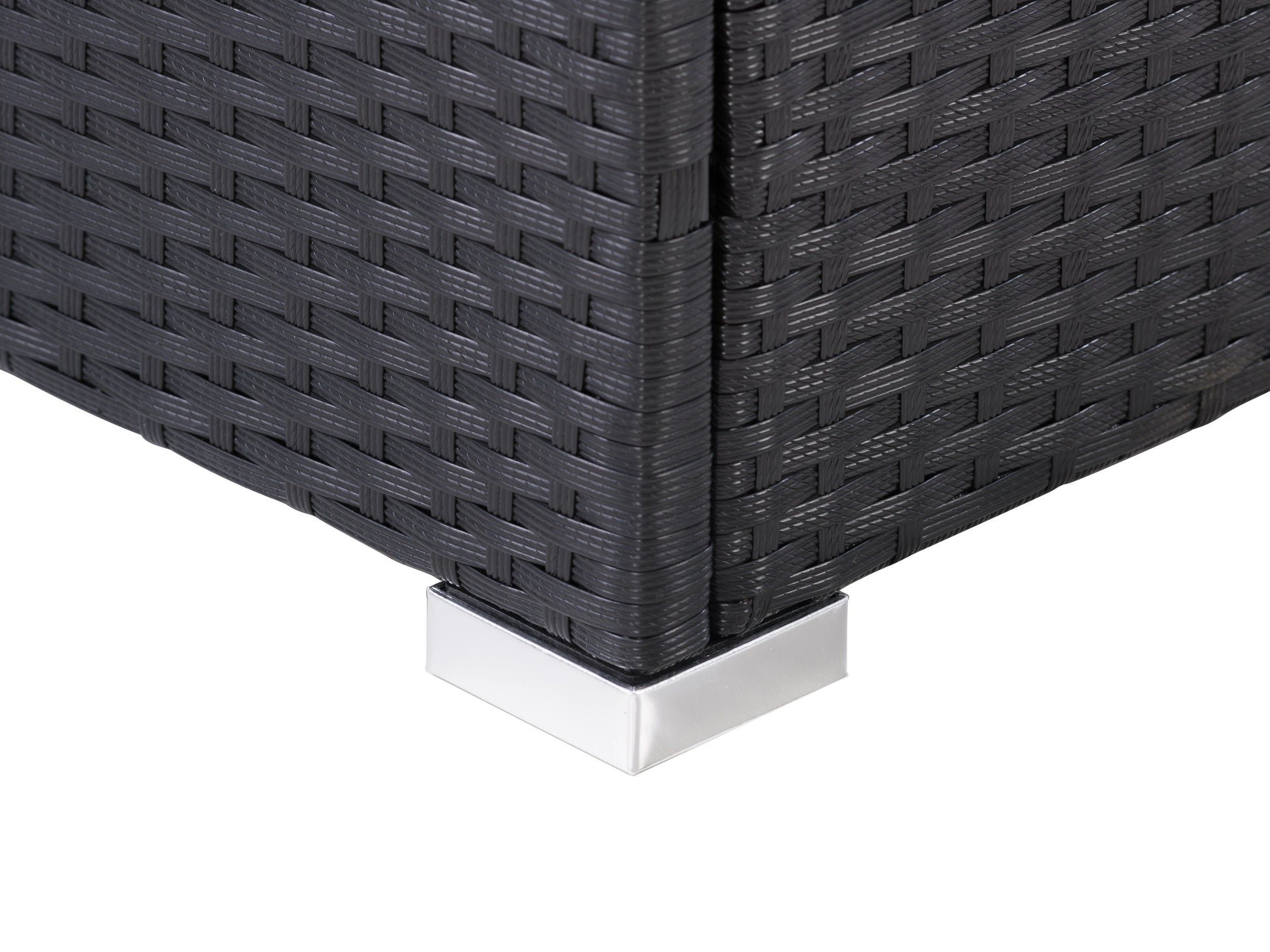 Black square outdoor coffee table with sleek metal frame, slatted top, and weather-resistant finish, ideal for patios and garden spaces.
