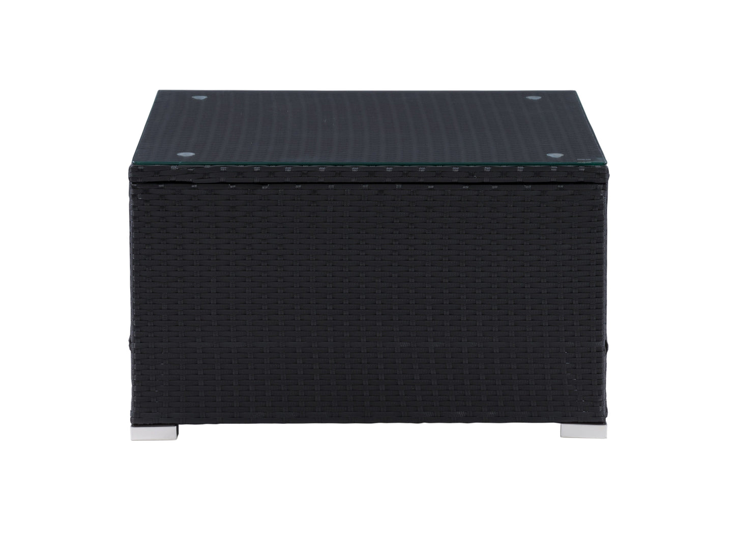 Black square outdoor coffee table with sleek metal frame, slatted top, and weather-resistant finish, ideal for patios and garden spaces.