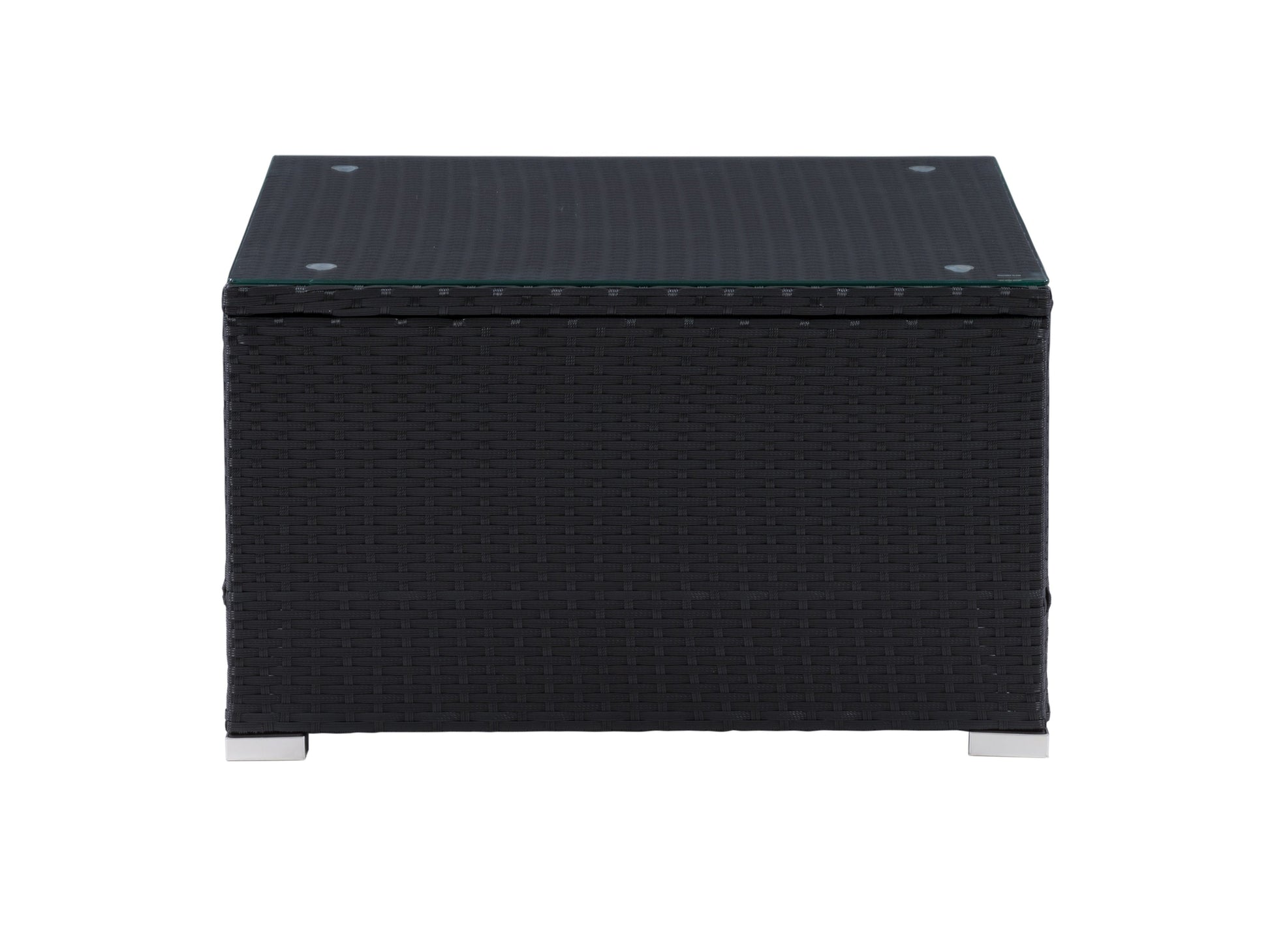Black square outdoor coffee table with sleek metal frame, slatted top, and weather-resistant finish, ideal for patios and garden spaces.