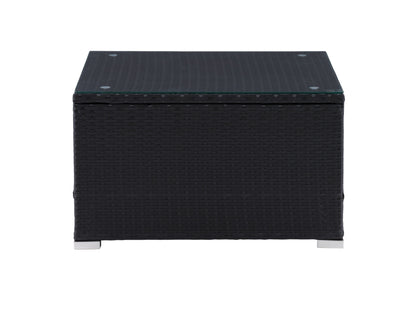 Black square outdoor coffee table with sleek metal frame, slatted top, and weather-resistant finish, ideal for patios and garden spaces.