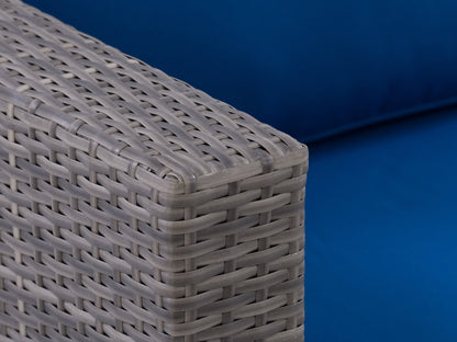 Wicker patio armchair with beige cushions, featuring a sturdy aluminum frame and intricate woven wicker design, perfect for outdoor seating.