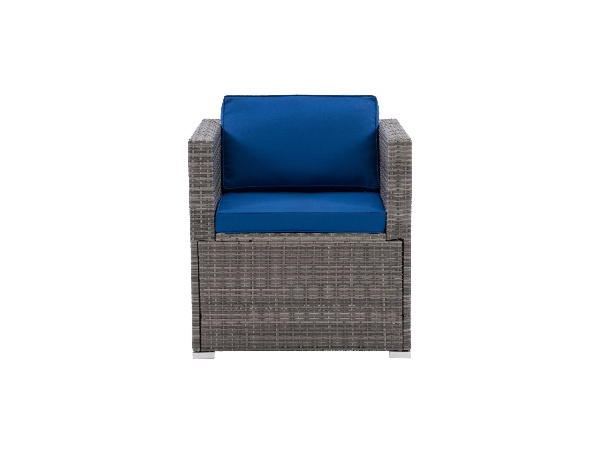 Wicker armchair with beige cushions, natural rattan frame, and curved armrests, ideal for patio or outdoor seating.