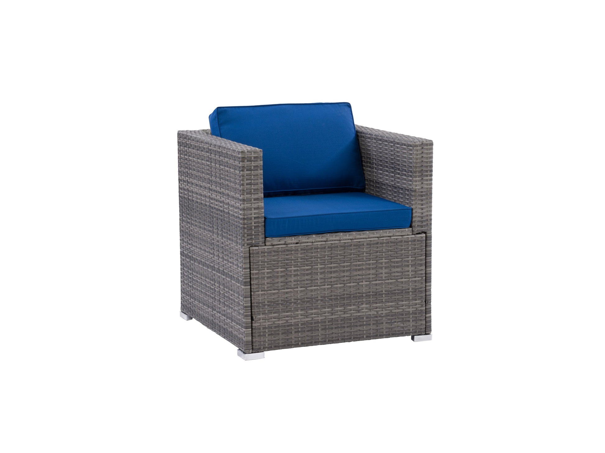 Wicker armchair with beige cushions, brown woven rattan frame, and sturdy wooden legs. Ideal for outdoor patio seating, offering a blend of comfort and style with its durable materials and elegant design.