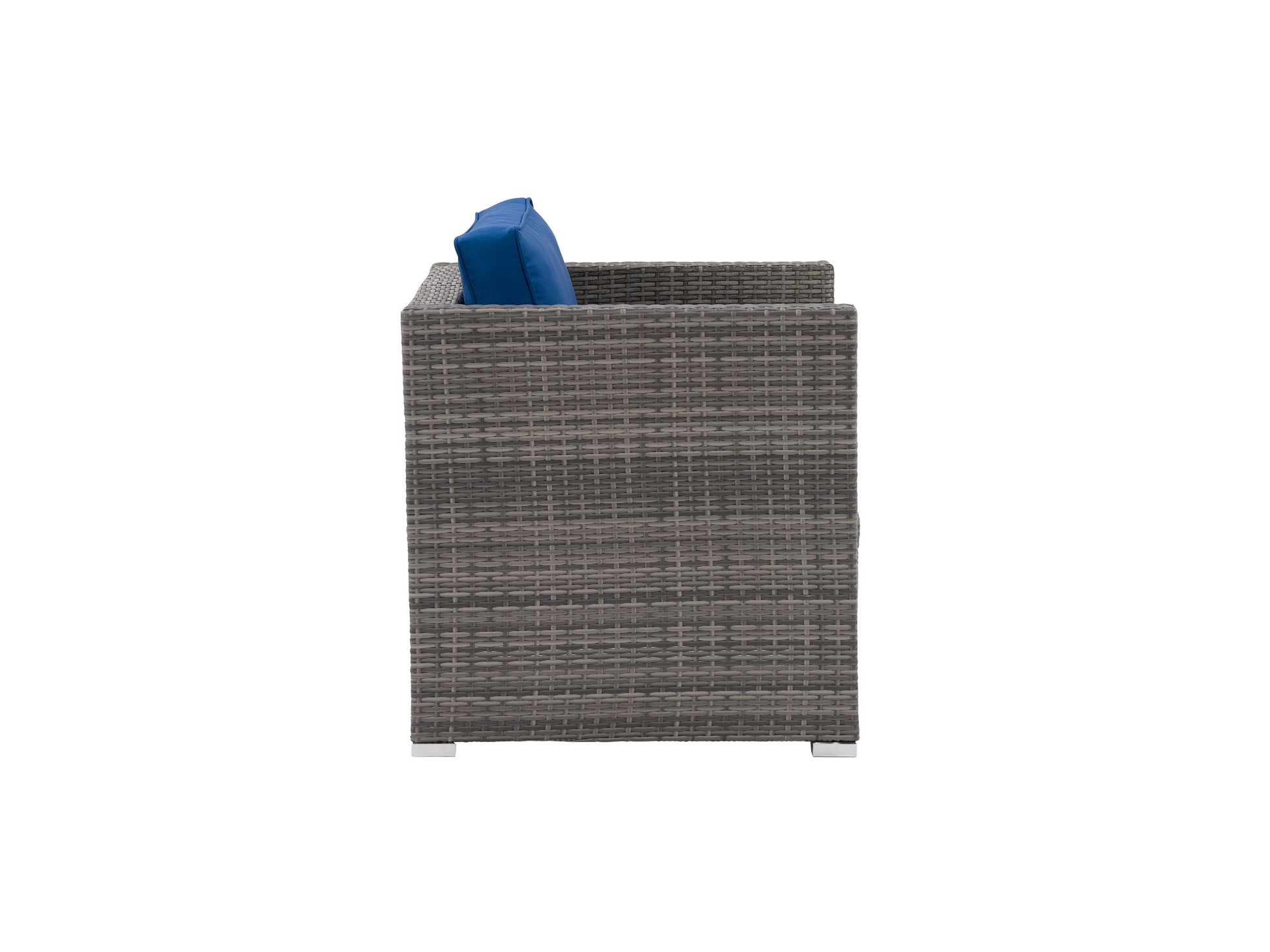 Natural wicker patio armchair with plush white cushions, featuring a sturdy wooden frame, elegant woven texture, and a comfortable high back design perfect for outdoor relaxation.