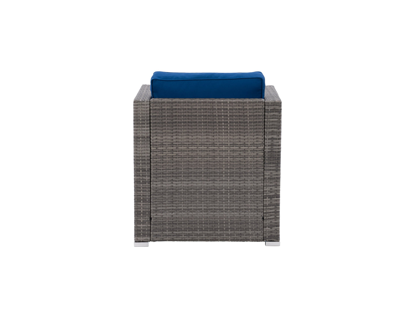 Natural wicker patio armchair with beige cushions, featuring a curved backrest and armrests, designed for outdoor comfort and style. The chair's woven texture and sturdy frame enhance durability and aesthetic appeal.