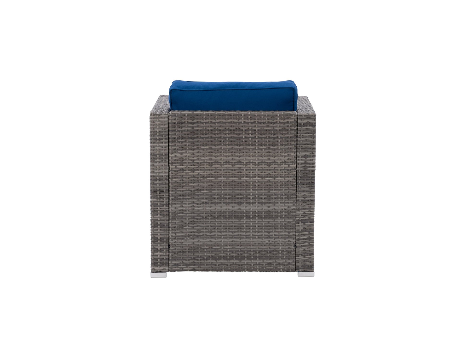 Natural wicker patio armchair with beige cushions, featuring a curved backrest and armrests, designed for outdoor comfort and style. The chair's woven texture and sturdy frame enhance durability and aesthetic appeal.