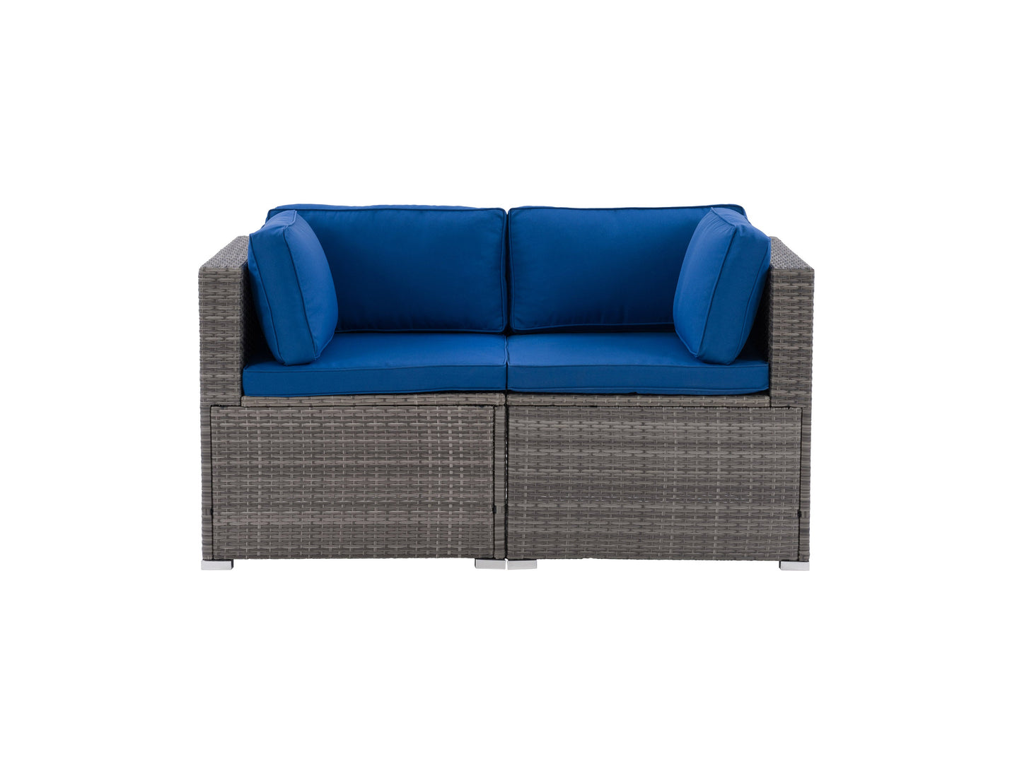 Outdoor loveseat with gray cushions, black metal frame, and wooden armrests, featuring a modern design perfect for patio seating.