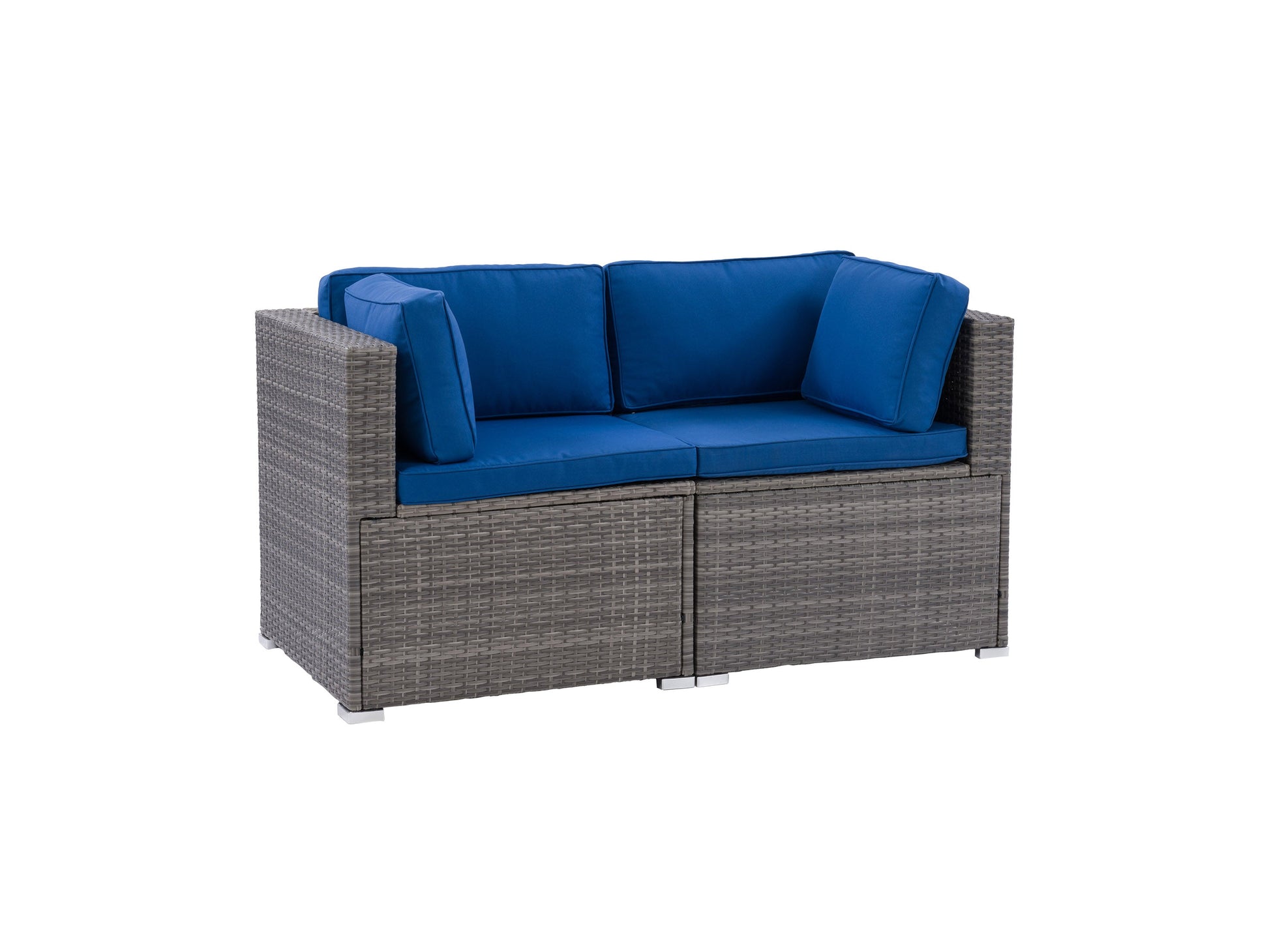 Modern outdoor loveseat set with two cushioned seats, featuring a sleek black metal frame and weather-resistant grey fabric, perfect for patios or gardens.