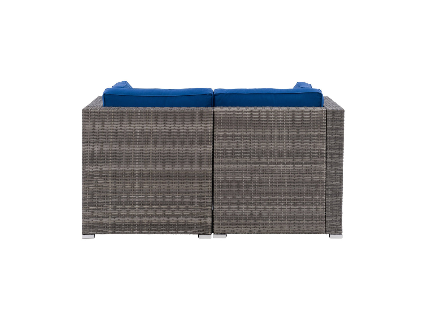 Natural wood outdoor loveseat with beige cushions, featuring a slatted backrest and armrests. The sturdy frame complements modern patio decor, ideal for relaxing in outdoor spaces.