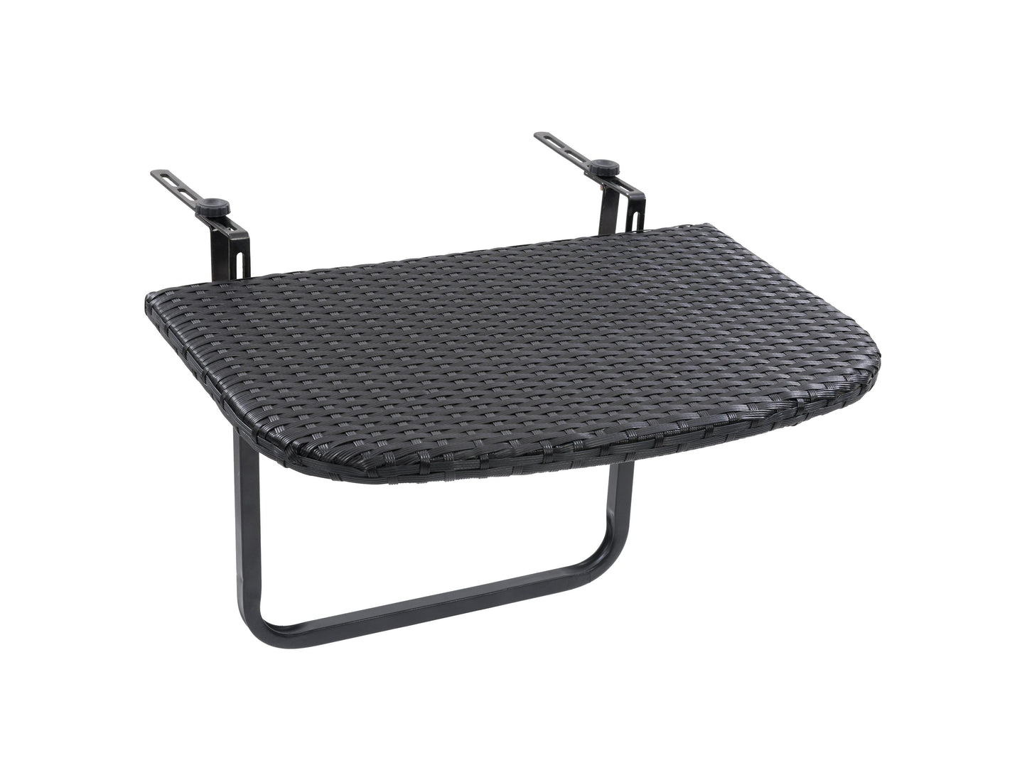 Black metal balcony railing table with a sleek rectangular wooden tabletop, featuring a slatted design for outdoor use. Ideal for small spaces, this durable patio table attaches securely to railings, perfect for urban balconies.