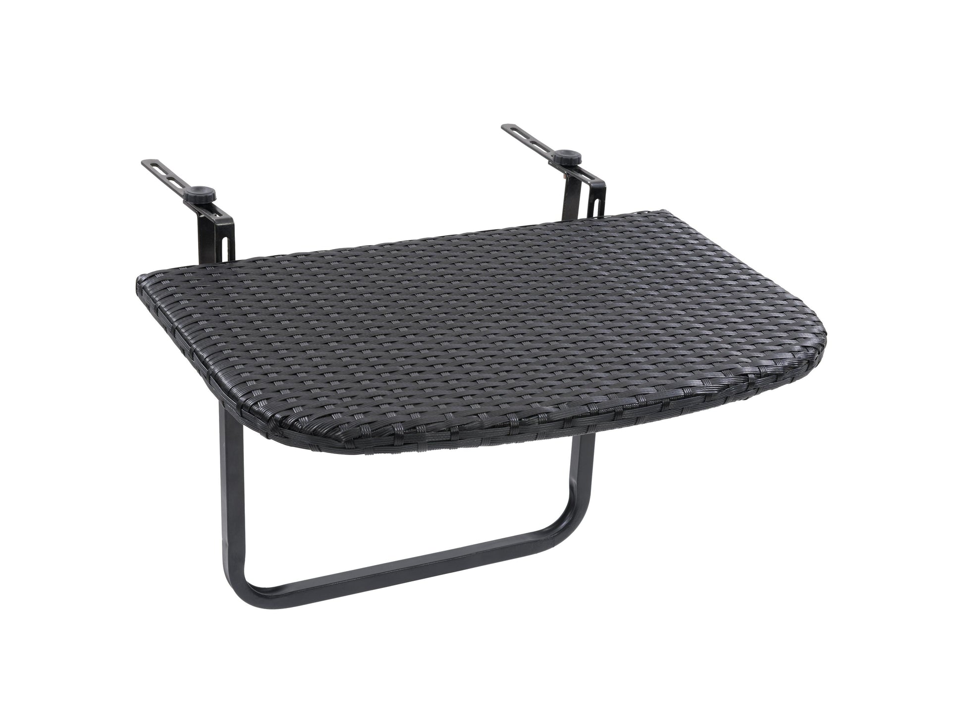 Black metal balcony railing table with a sleek rectangular wooden tabletop, featuring a slatted design for outdoor use. Ideal for small spaces, this durable patio table attaches securely to railings, perfect for urban balconies.