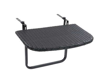 Black metal balcony railing table with a sleek rectangular wooden tabletop, featuring a slatted design for outdoor use. Ideal for small spaces, this durable patio table attaches securely to railings, perfect for urban balconies.