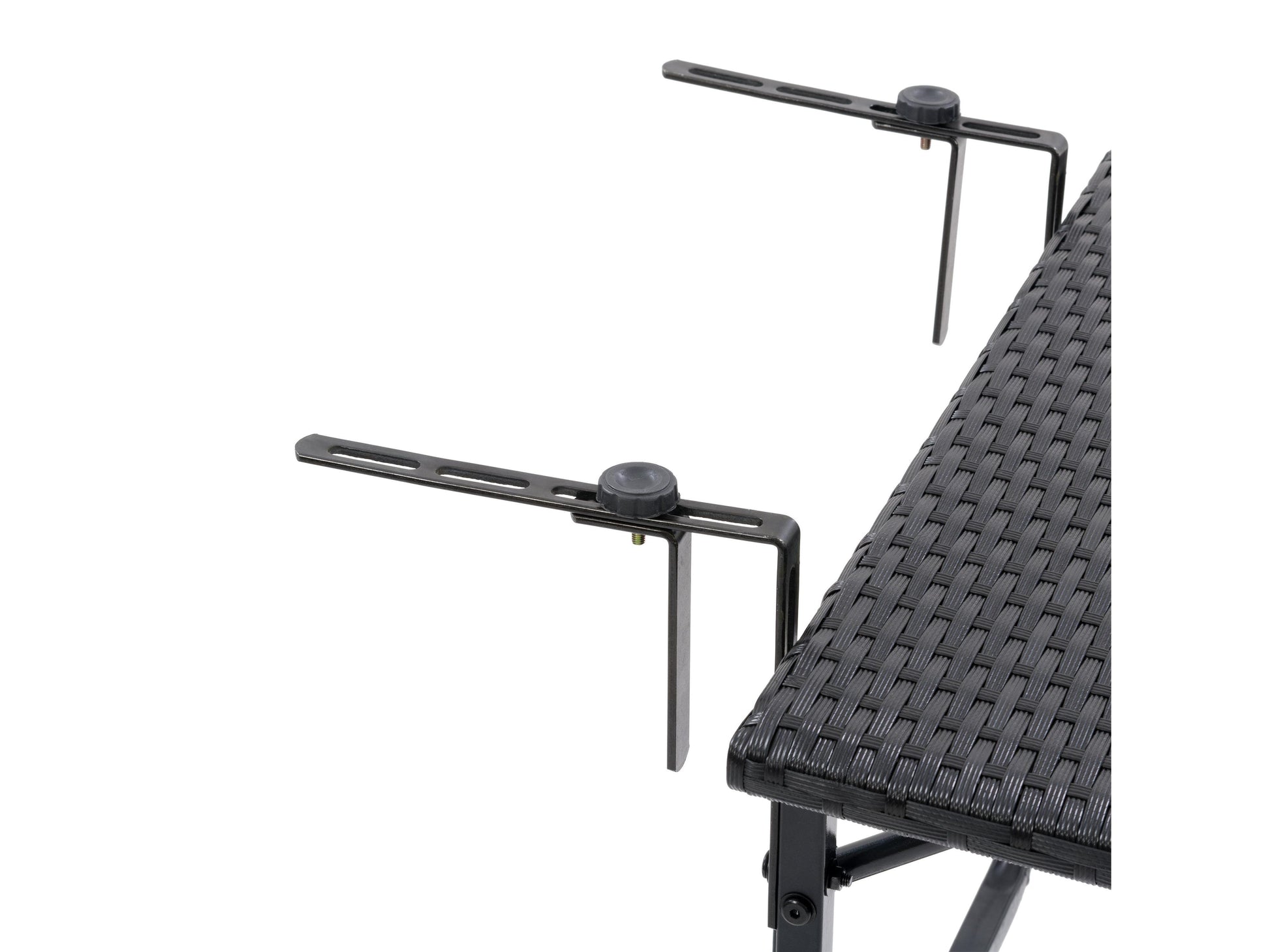 Black metal balcony railing table with slatted design, adjustable clamps, and weather-resistant finish, perfect for small outdoor spaces.