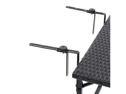 Black metal balcony railing table with slatted design, adjustable clamps, and weather-resistant finish, perfect for small outdoor spaces.