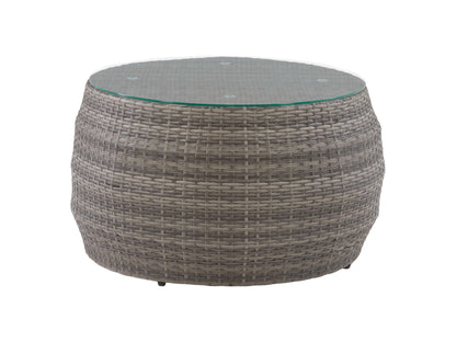 Wicker patio coffee table with glass top, featuring a sturdy brown wicker frame and intricate woven design, perfect for outdoor spaces.