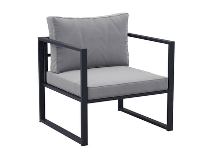 4-piece grey patio conversation set with cushioned seats, glass-top coffee table, and wicker frame. Modern outdoor furniture featuring weather-resistant materials, perfect for garden, deck, or backyard lounging.
