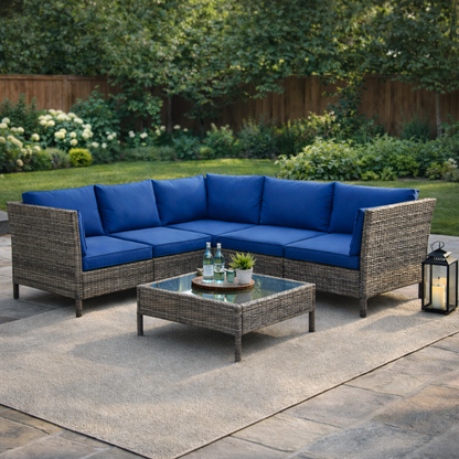 Grey and Blue 6pc Patio Sectional Set - FINAL SALE ITEM
