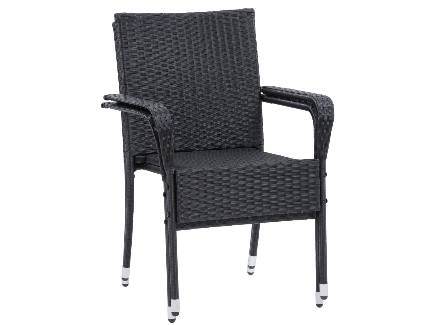 Black wicker stackable patio chairs with beige cushions, featuring a modern design, weather-resistant materials, and sturdy metal frames. Ideal for outdoor seating, garden, or balcony use. Set of 2.
