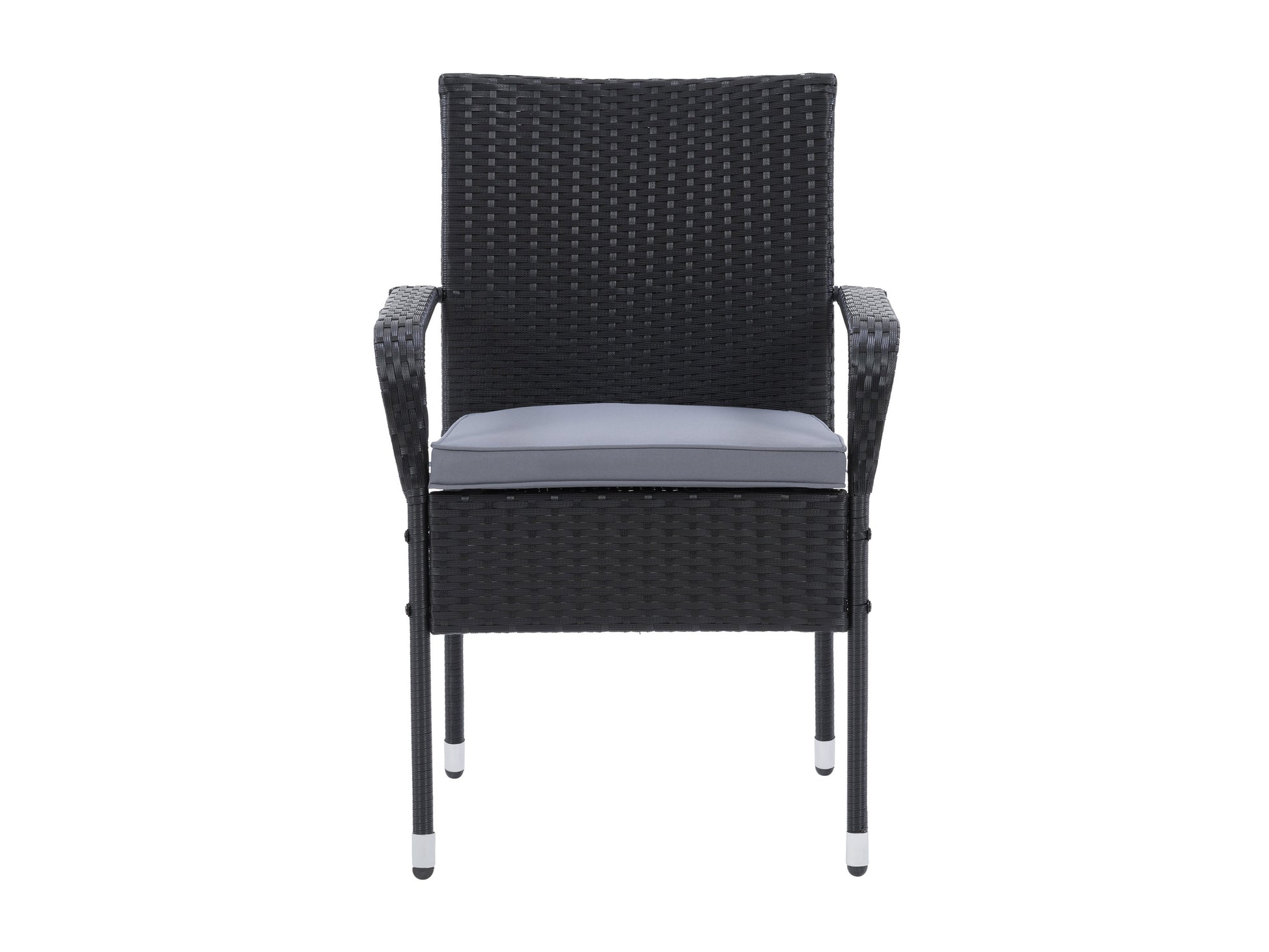 Black wicker stackable patio chairs with beige cushions, featuring a modern design, weather-resistant materials, and sturdy metal frames. Ideal for outdoor seating, garden, or balcony use. Set of 2.