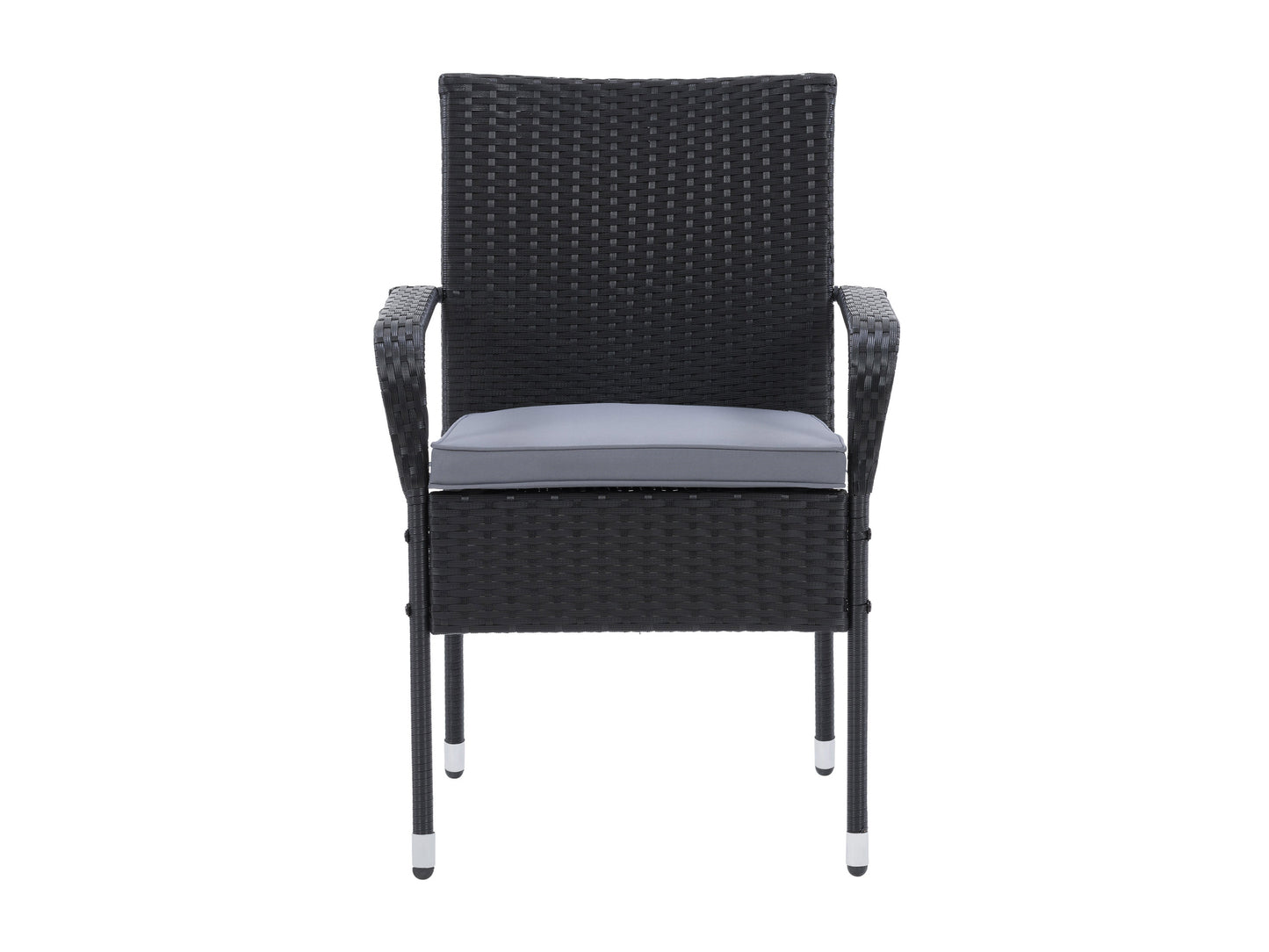 Gray wicker patio dining set with six cushioned chairs, rectangular glass-top table, and weather-resistant materials, perfect for outdoor dining and entertaining.