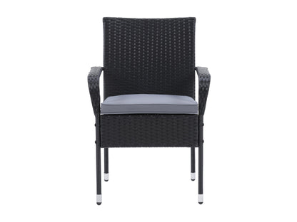Modern 5-piece patio dining set with a rectangular glass table and four cushioned chairs in beige and brown wicker, featuring weather-resistant materials and a sleek design perfect for outdoor spaces.