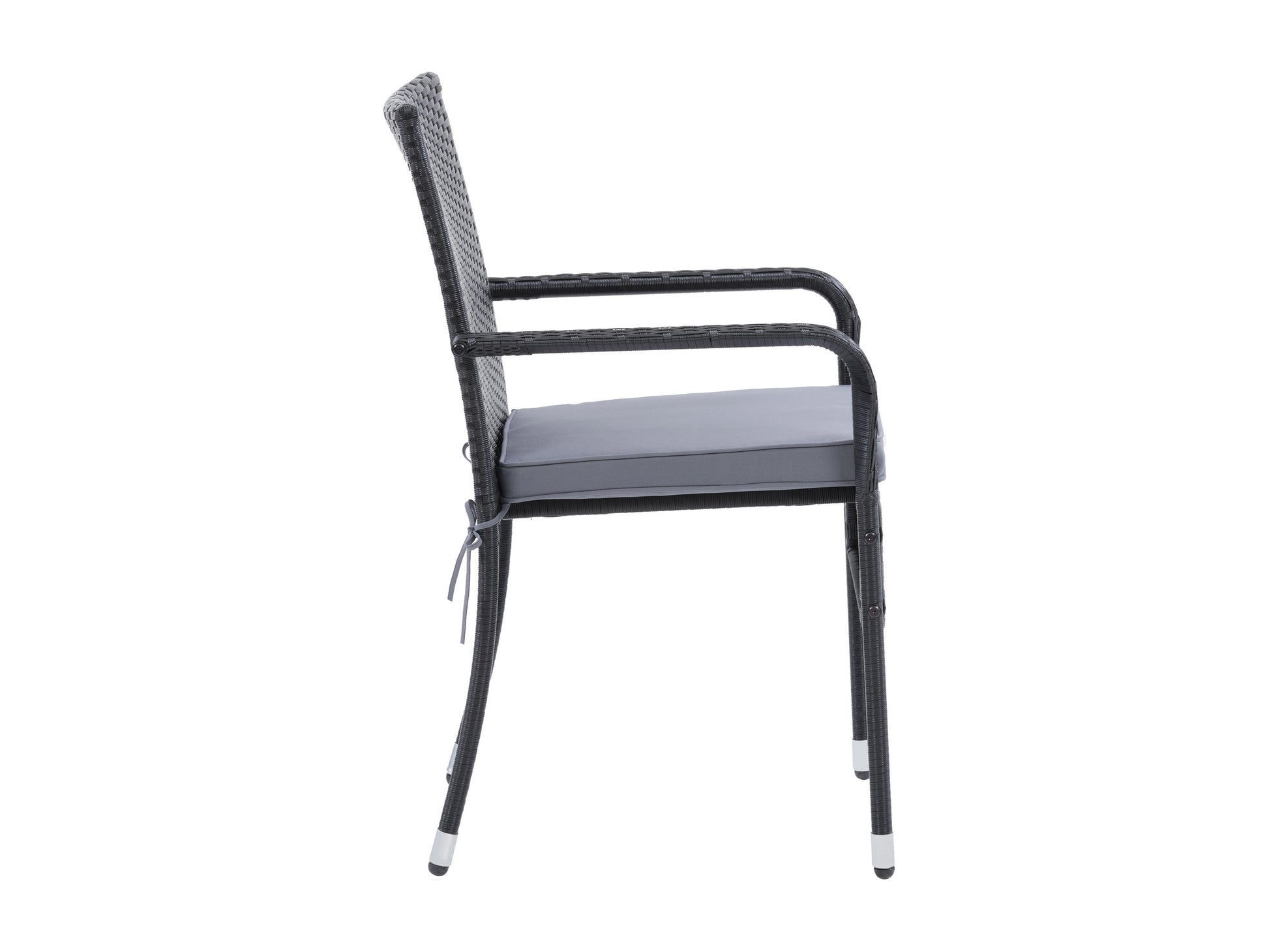 Black wicker stackable patio chairs with beige cushions, featuring a modern design, weather-resistant materials, and sturdy metal frames. Ideal for outdoor seating, garden, or balcony use. Set of 2.