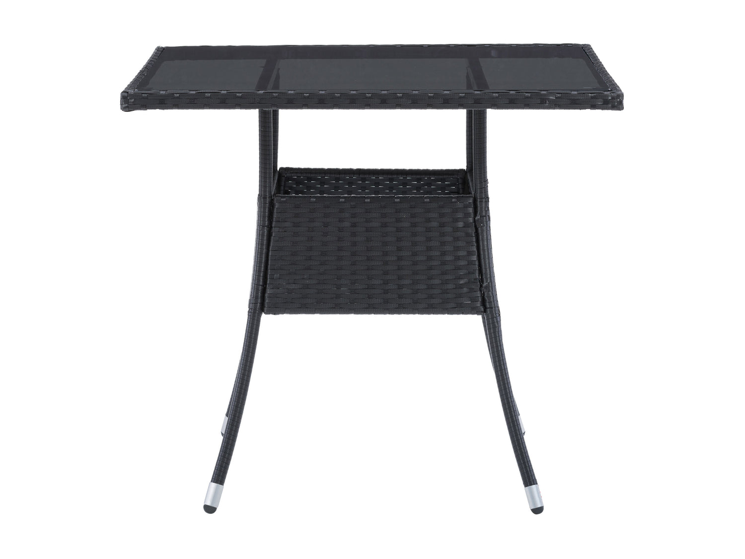 Square outdoor dining table with weather-resistant gray wicker frame, tempered glass top, and sturdy metal legs, perfect for patio or garden settings. Ideal for outdoor dining and entertaining.