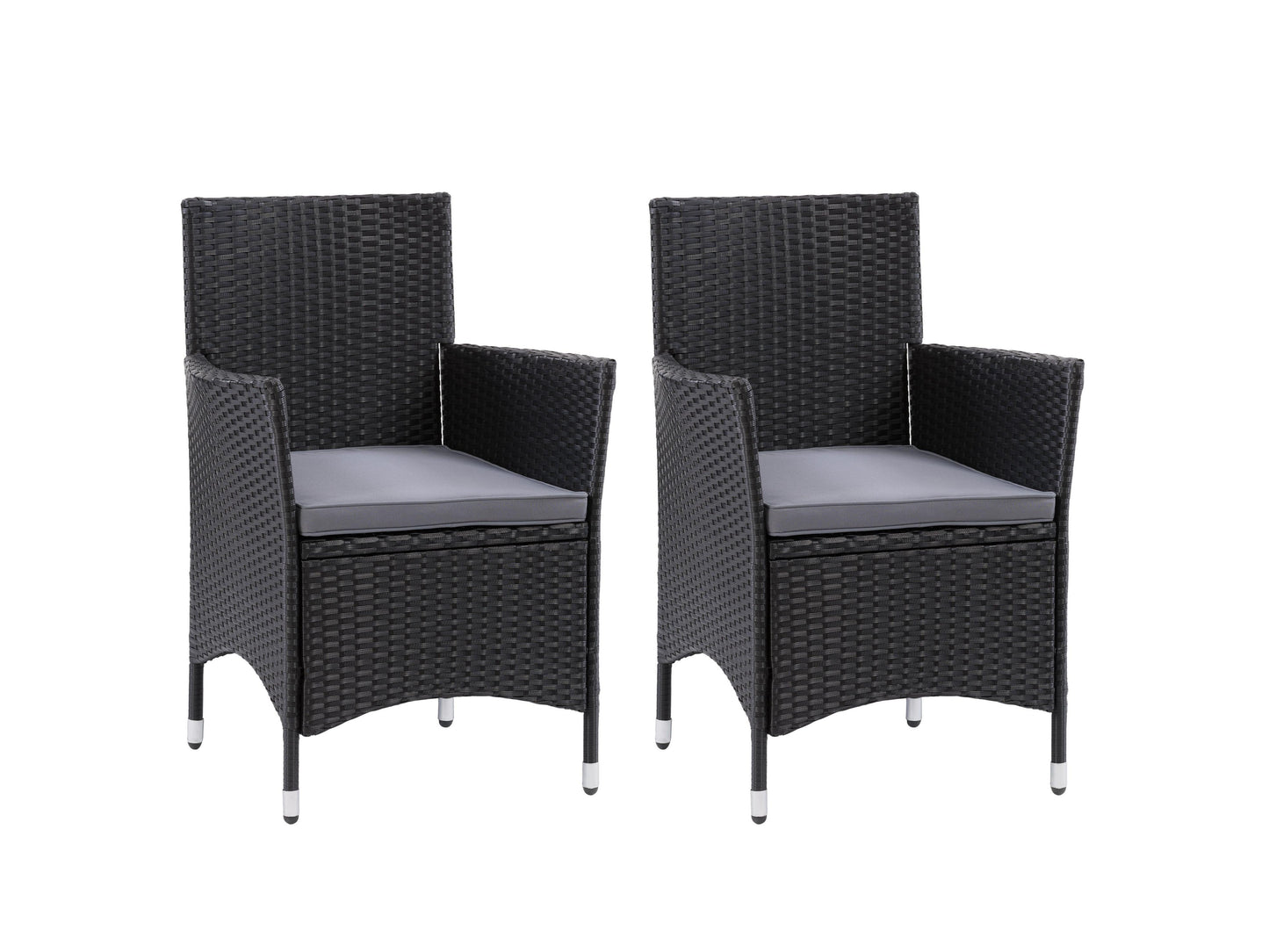 Gray wicker patio dining set with six cushioned chairs, rectangular glass-top table, and weather-resistant materials, perfect for outdoor dining and entertaining.