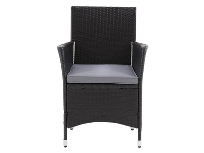 Set of 2 wicker patio armchairs with natural rattan texture, featuring beige cushions and sturdy wooden legs, perfect for outdoor seating and garden decor.