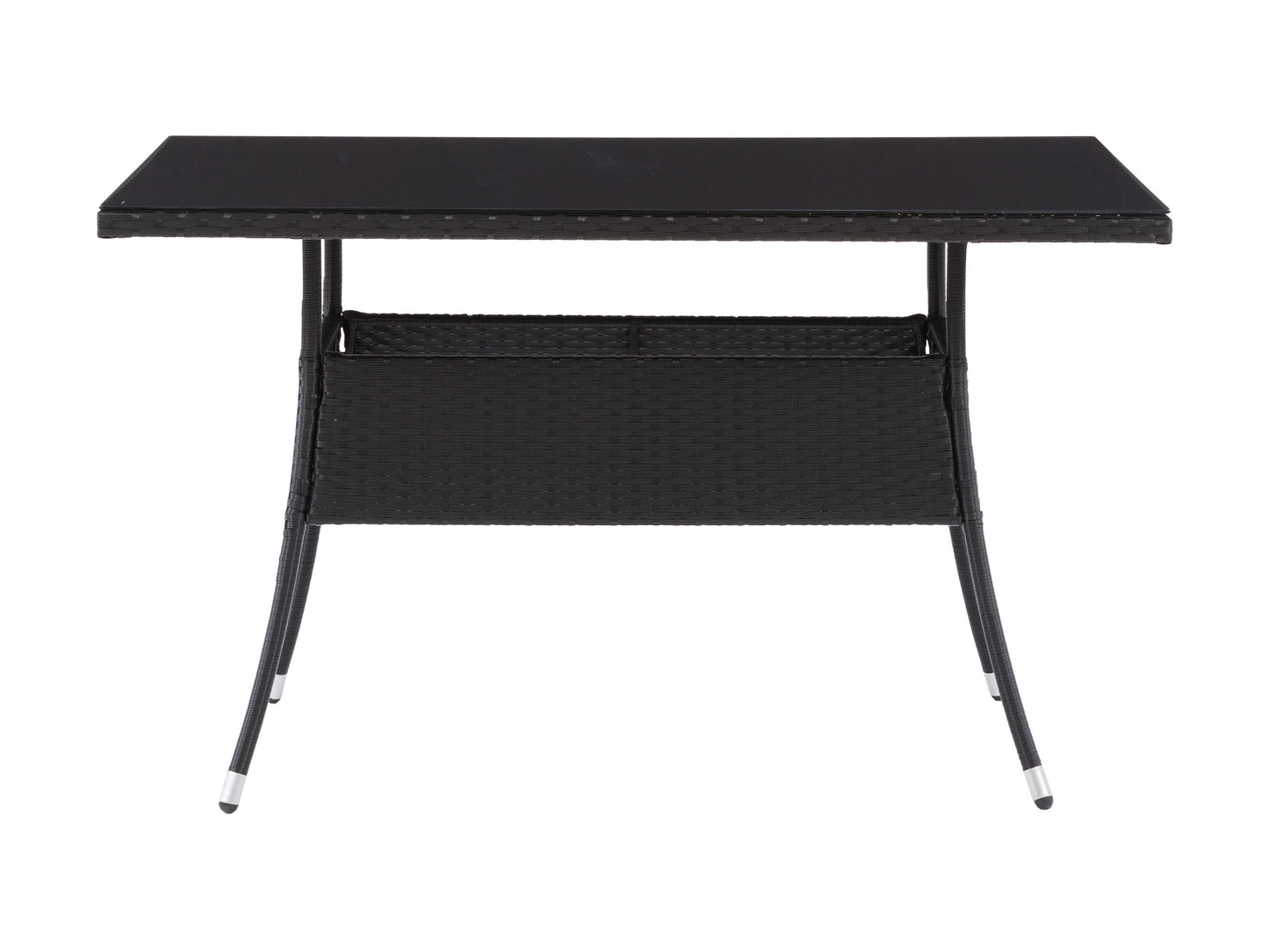 Modern 5-piece patio dining set with a rectangular glass table and four cushioned chairs in beige and brown wicker, featuring weather-resistant materials and a sleek design perfect for outdoor spaces.
